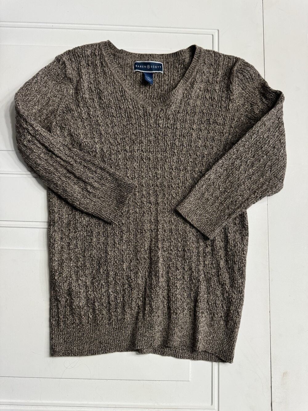Karen Scott Womens Sz M Brown Cotton Knit V Neck Sweater 3/4 Sleeve